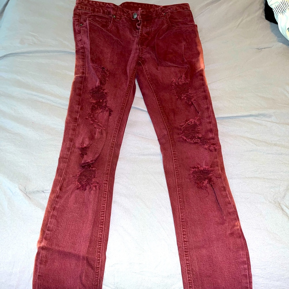 Young and Reckless Ripped Maroon Slim Fit Jeans